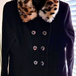 Black Peacoat with Animal Print Faux Fur Collar. NWT.